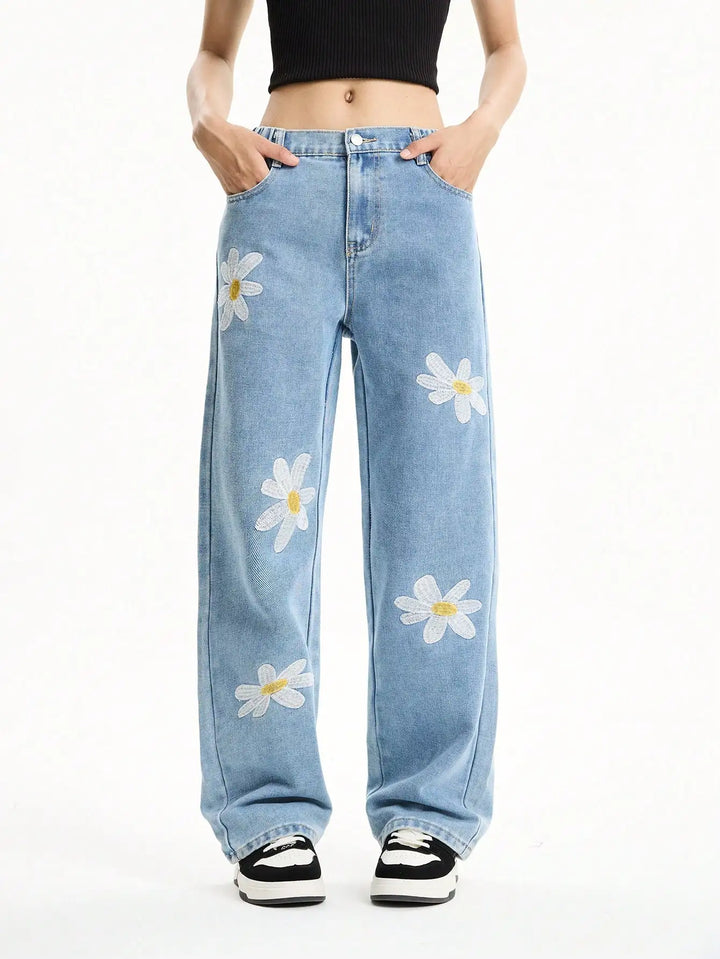 Middle and large girls youth college style loose wide-leg straight pants casual long versatile jeans