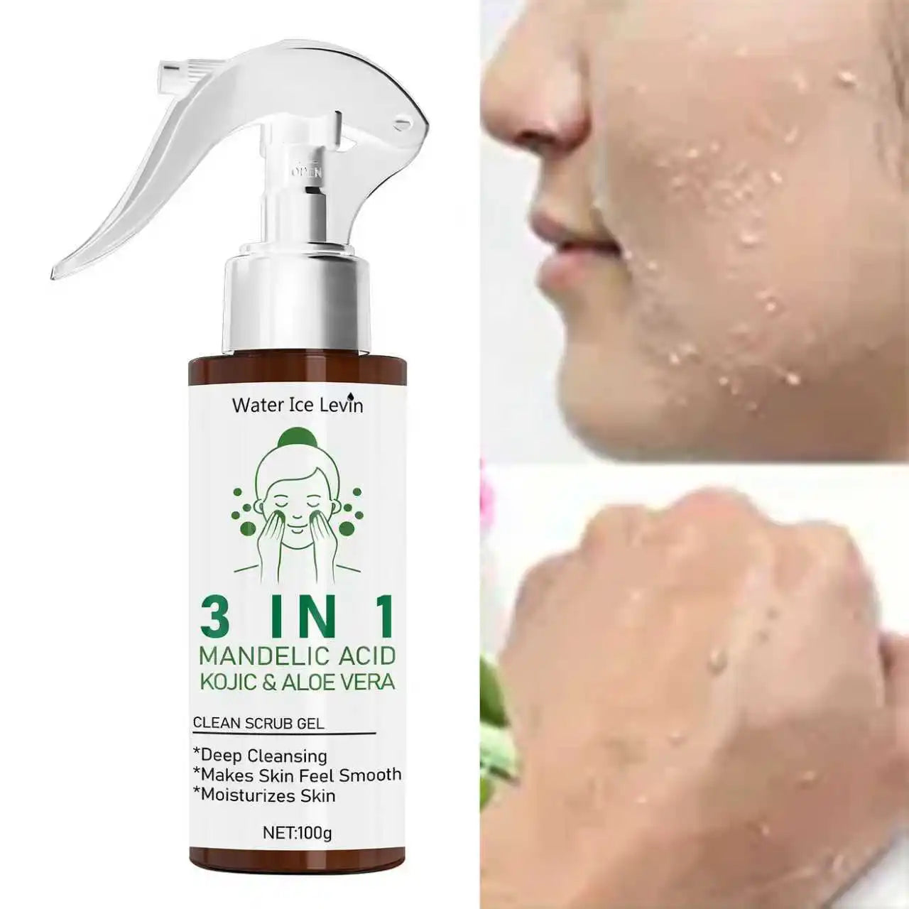 Water Ice Levin 3-in-1 Clean Scrub Gel with Mandelic Acid, Kojic,Aloe Vera, Replenishes Moisture, Deep Cleanses for Smooth Skin Halalzen