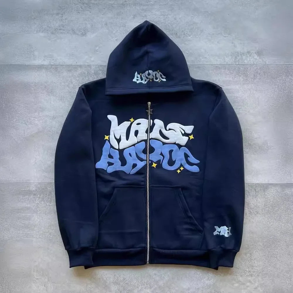 American retro star and letter printed zipper hoodie for men and women Y2K Spring and Autumn cardigan jacket