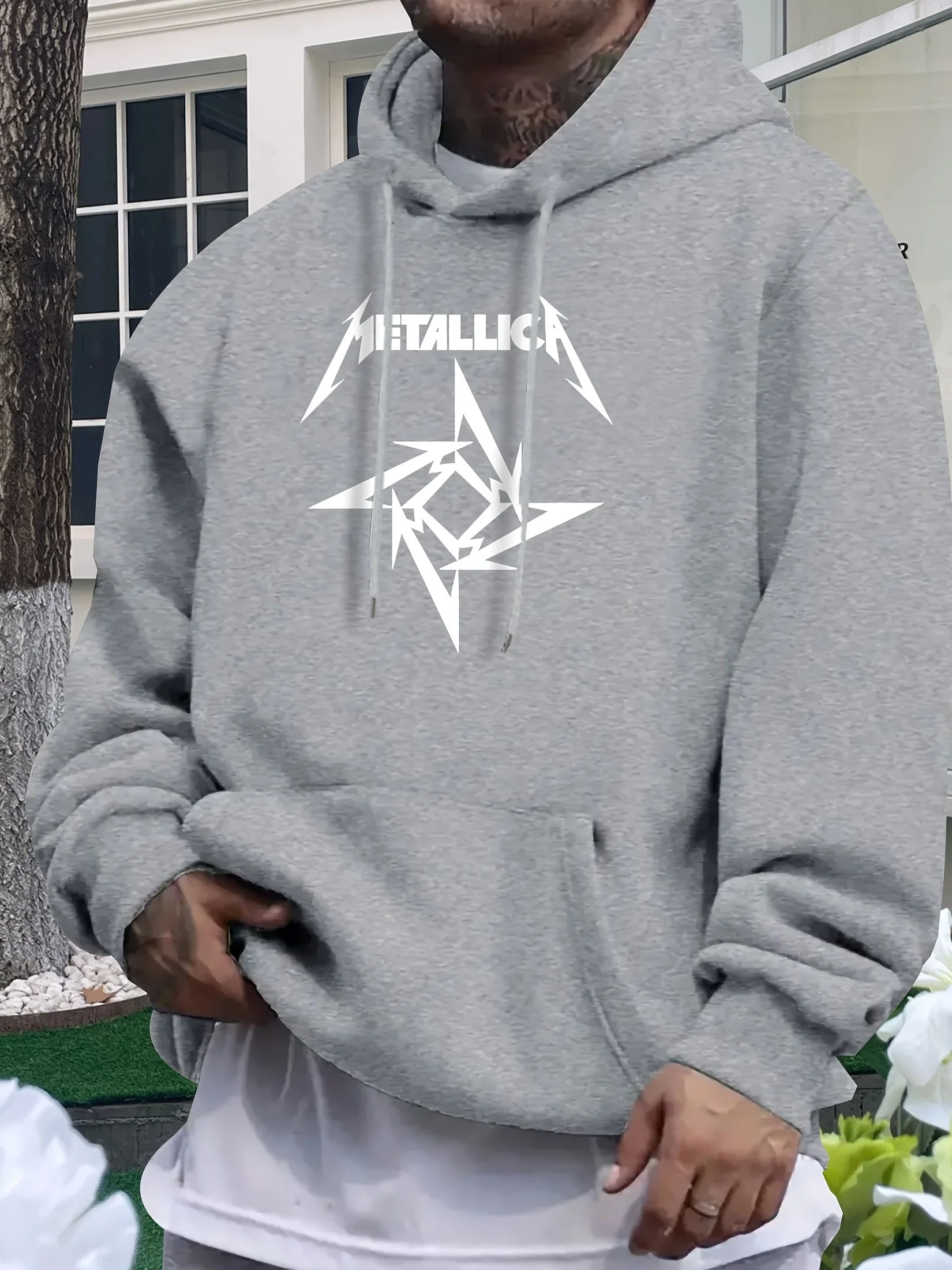 Men'S Metallic Star Print Hoodie - Casual Blue Sweatshirt with "METALLIC" Design, All-Season Comfort, Regular Fit, Casual Wear