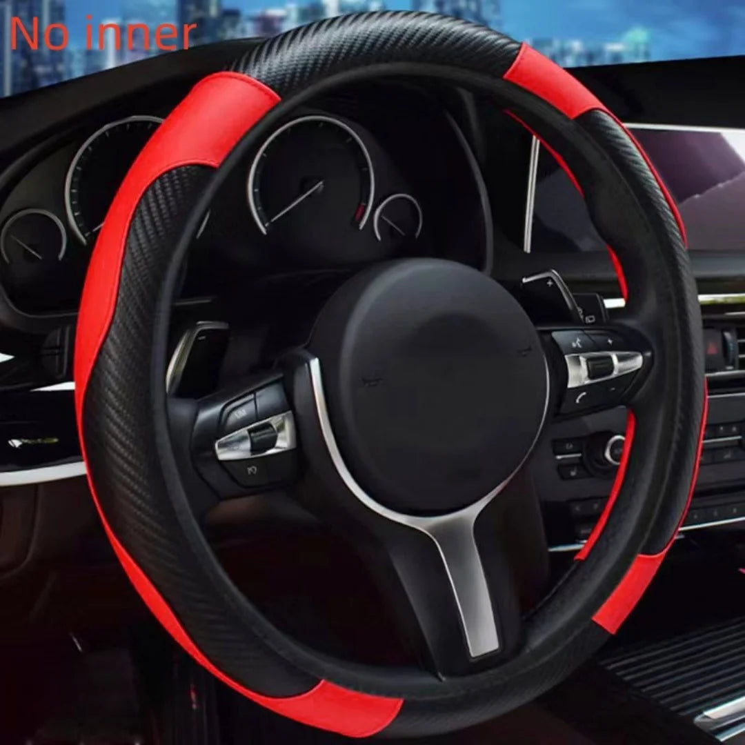 Carbon fiber pattern PU leather steering wheel cover with no inner ring design, full elasticity, anti slip and wear-resistant, m