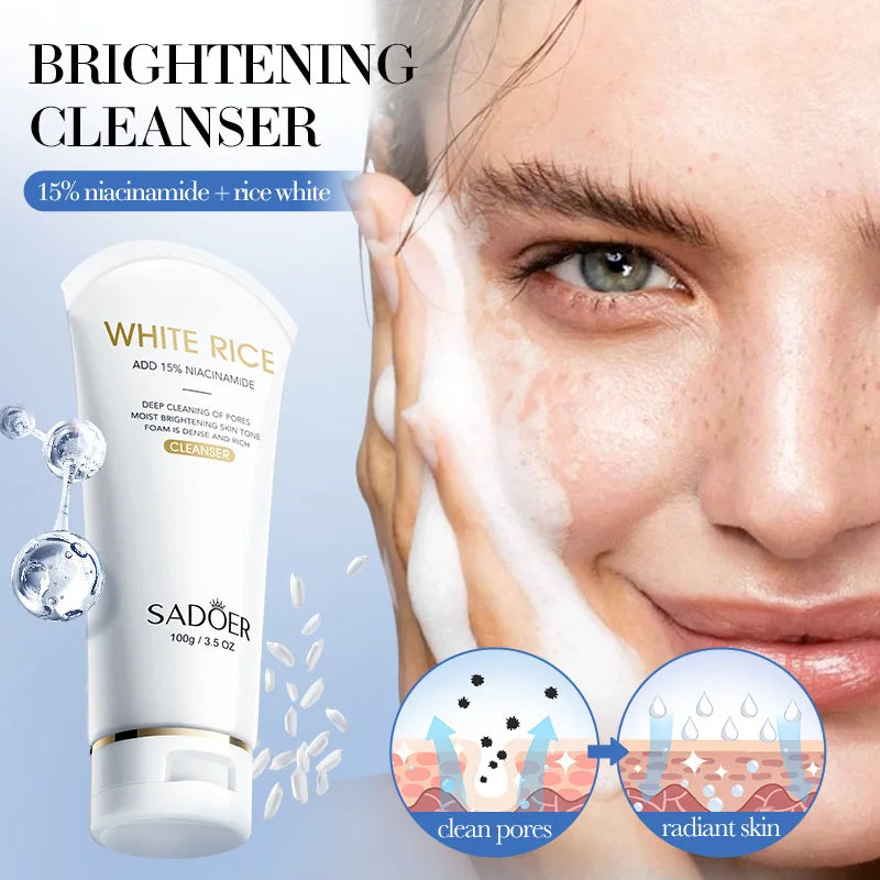 SADOER White Rice Nicotinamide Whitening Facial Cleanser Moisturizing Anti-Aing Anti Wrinkles Face Wash Foam Cleanser Skin Care Halalzen