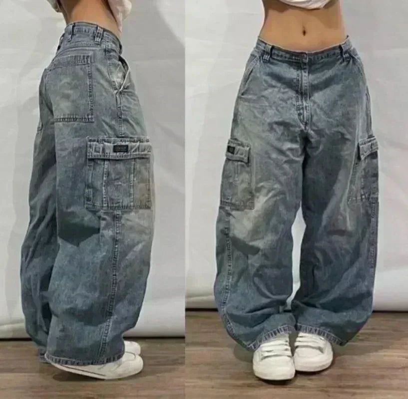 American Street Trend Letter Embroidered Loose Jeans Men Harajuku Y2K New Hip Hop Oversized Wide-leg Pants Unisex Mopping Jeans HALALZEN