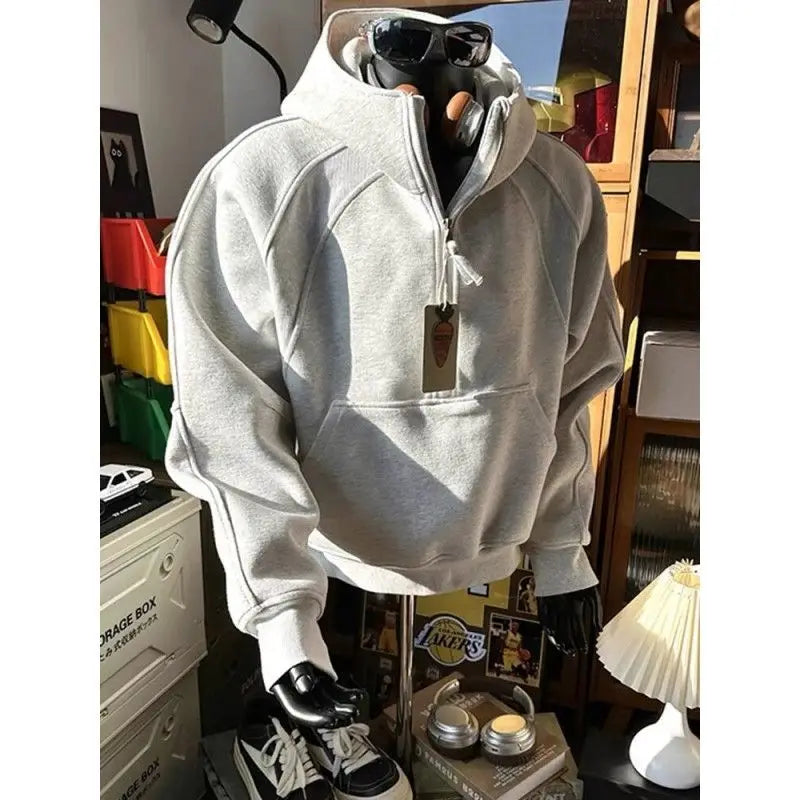 American Half-zipper Stand-up Collar Sweatshirt for Men's Fashion Brand Handsome Three-dimensional Hoodie