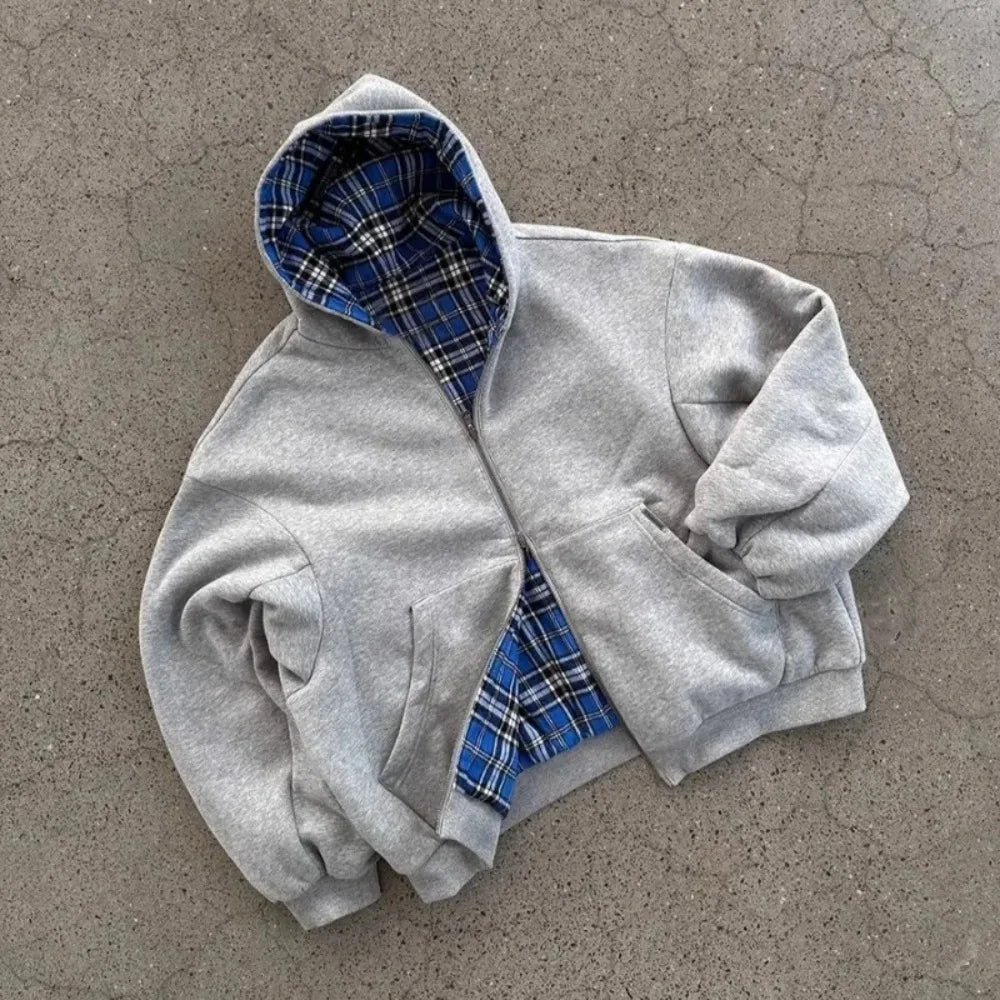 Grey Casual Spring Oversized Reversible Hoodies Women Men Streetwear Clothes Hoodie With Plaid Lining Sweatshirt Streetwear Tops
