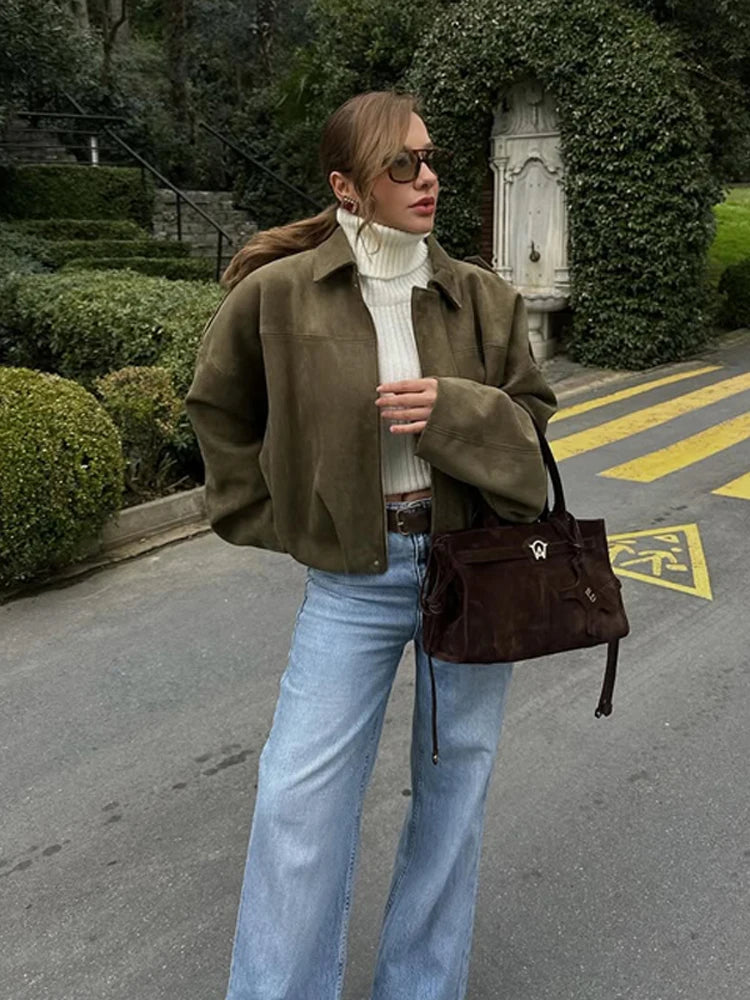 Fashion Stand Collar Suede Jacket Women Long Sleeve Pockets Zipper Loose Bomber Jacket 2025 Autumn Lady High Street Outwear