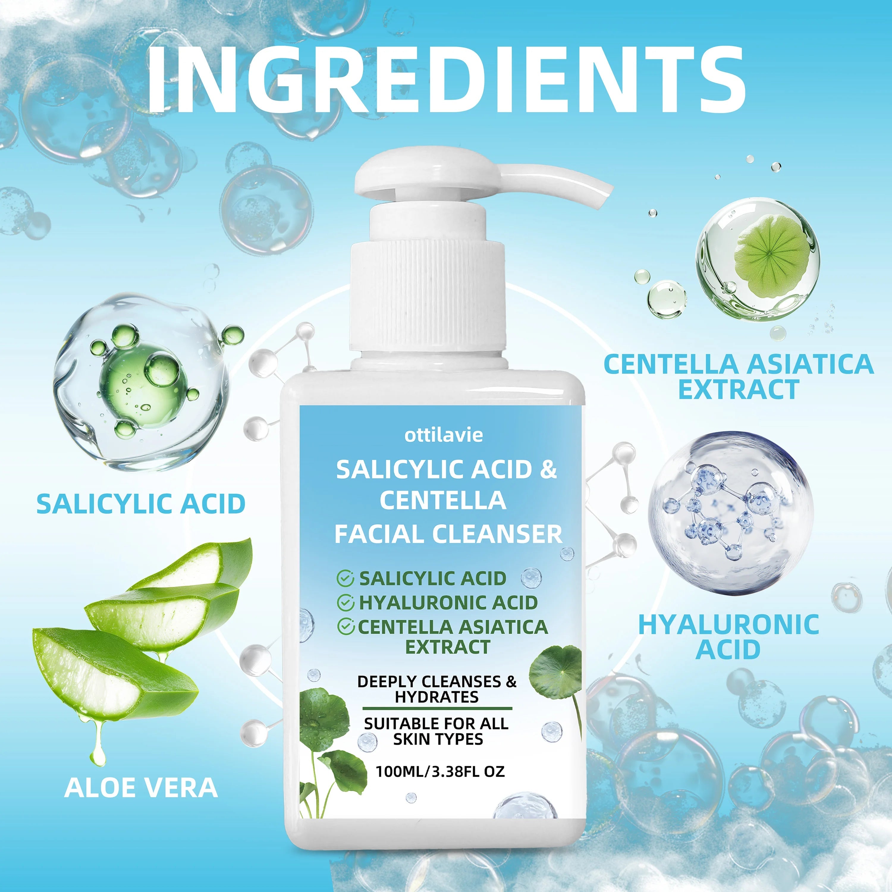 Ottilavie Salicylic Acid & Centella Face Wash: Gentle Exfoliating Cleanser for Deep Pore Care & Hydration, Daily Use, 100ml Halalzen