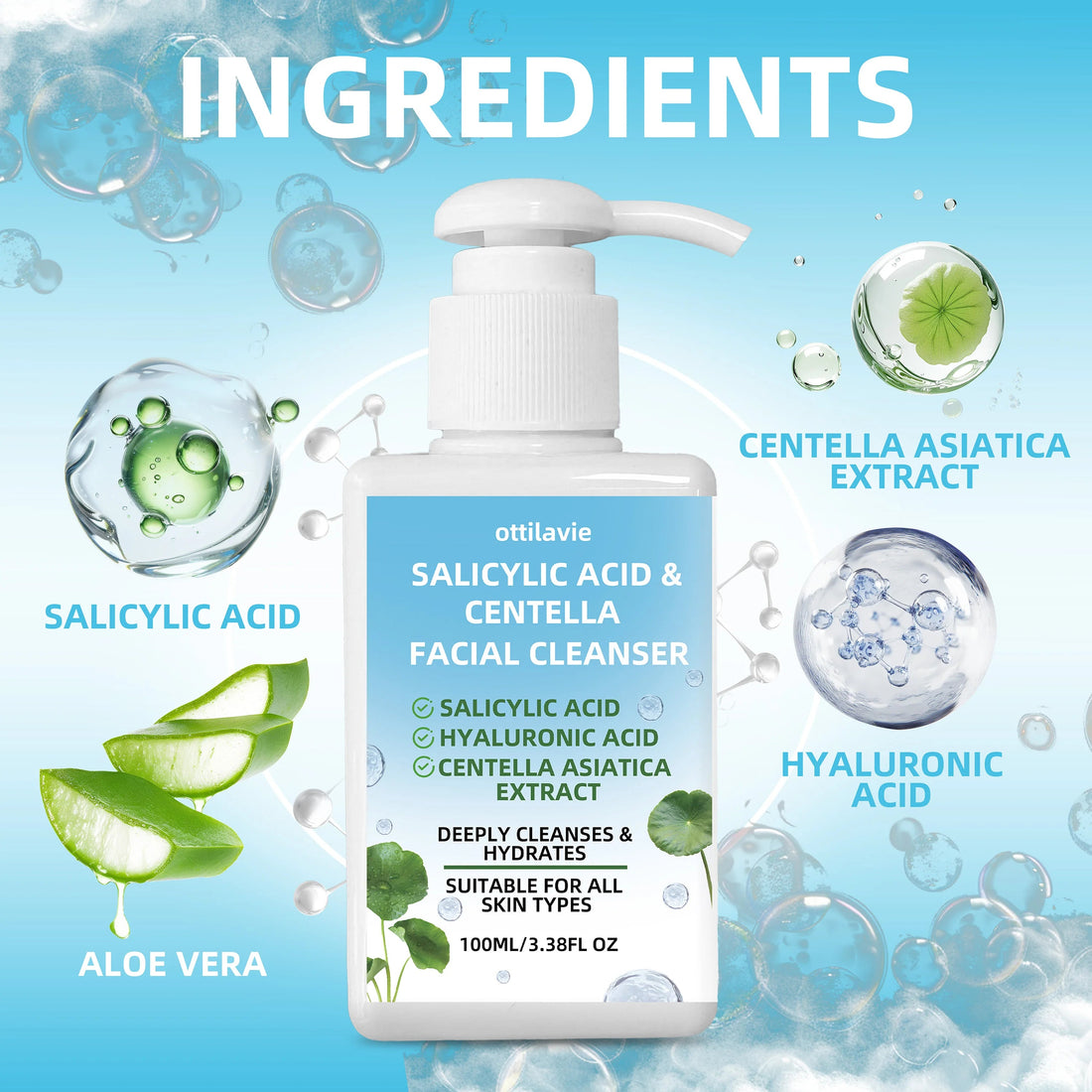 Ottilavie Salicylic Acid & Centella Face Wash: Gentle Exfoliating Cleanser for Deep Pore Care & Hydration, Daily Use, 100ml Halalzen