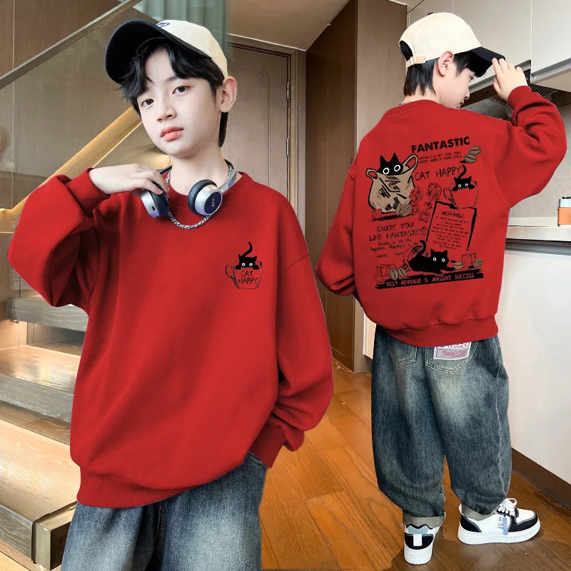 New Boys Girls Sweatshirt Pullover Autumn Korean Version Cartoon Cat Group Printed Long Sleeves T-Shirt Tops Casual Kids Clothes