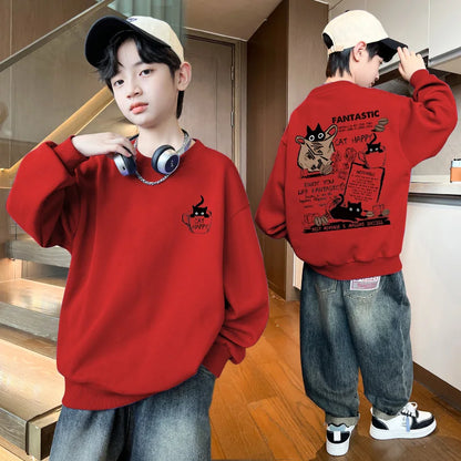 New Boys Girls Sweatshirt Pullover Autumn Korean Version Cartoon Cat Group Printed Long Sleeves T-Shirt Tops Casual Kids Clothes