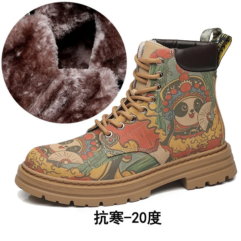 Chinese national treasure Panda Graffiti men's boots Leather casual punk cowboy motorcycle big yellow boots fashion boots
