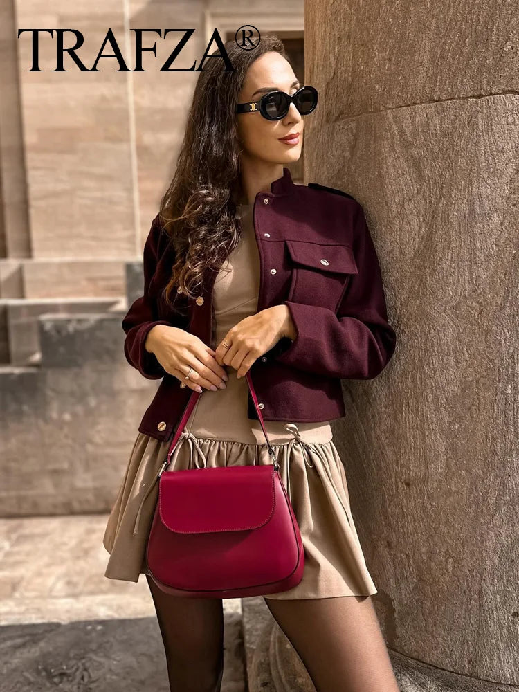 TRAFZA 2024 Fashion Women Soft Tweed Bomber Jacket O-Neck Long Sleeve Pockets Buttons Loose Woolen Coat Female Streetwear