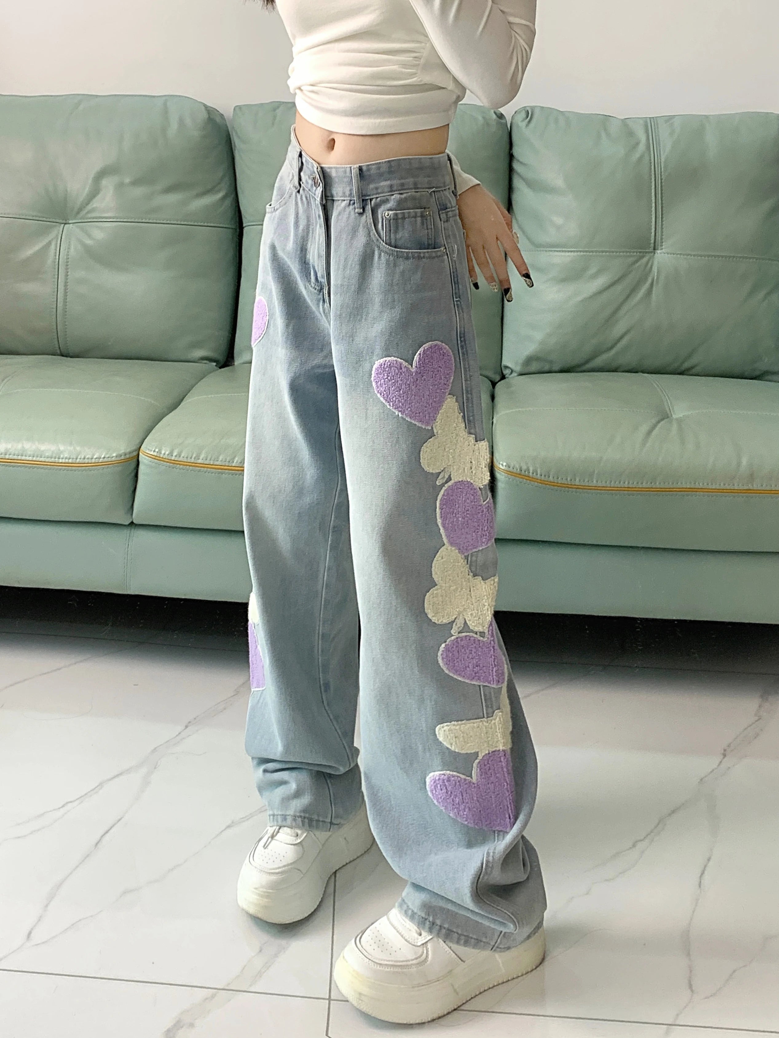 Light Blue Jeans Women's Design Embroidered Loose Casual Wide-Leg Straight Long Pants