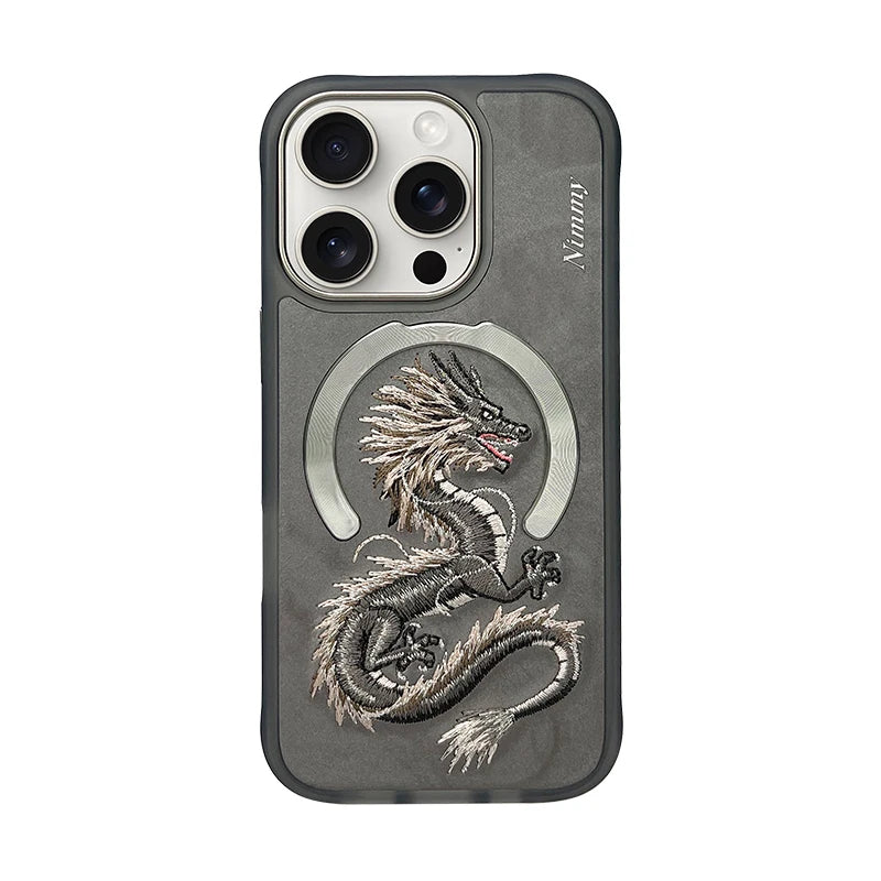 Dragon Phoenix 3D Embroidery Protective Case For iPhone 16 Pro Max Magnetic Wireless Charger Trend Original Fashion Cover