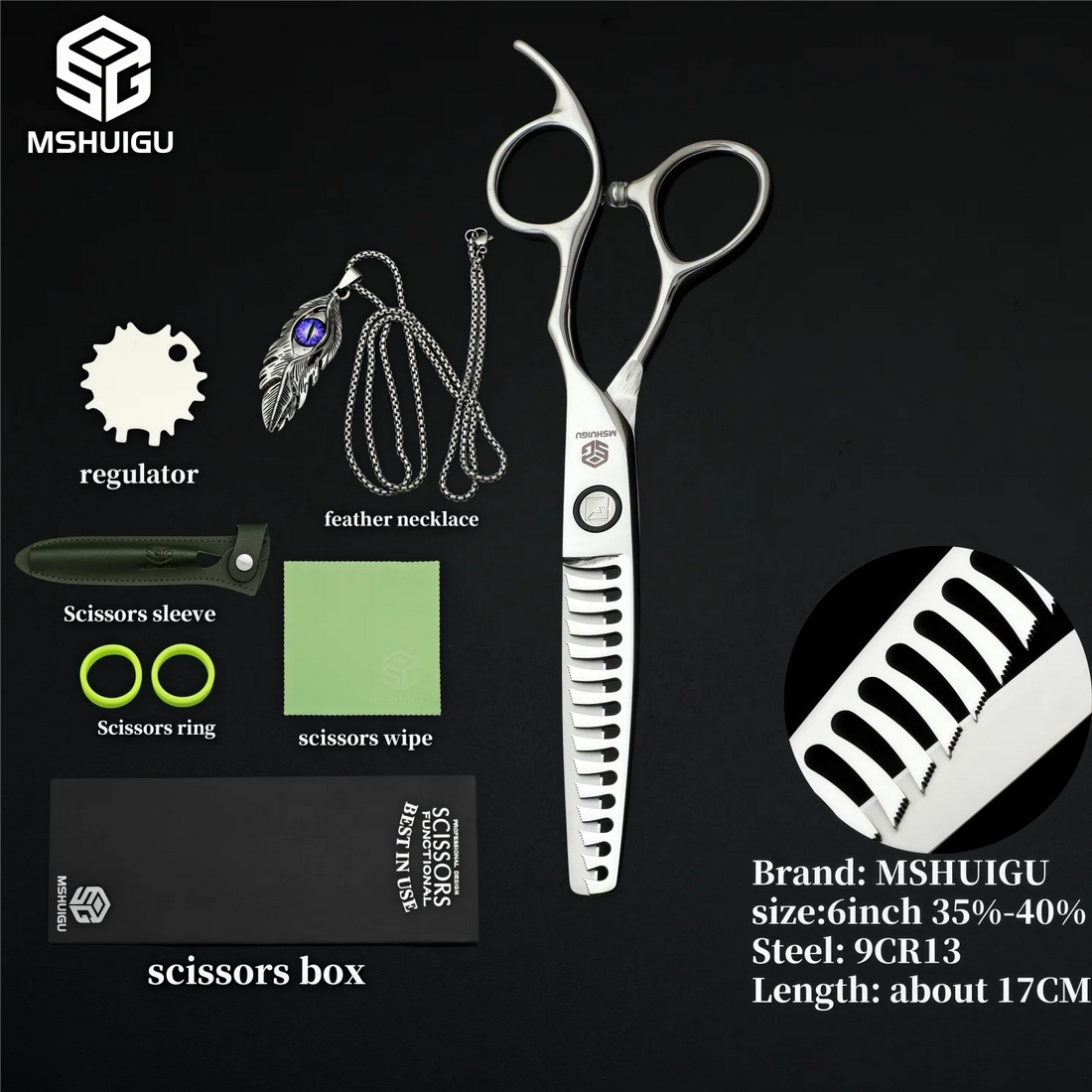 MSHUIGU 440C Professional Barber Scissors 6-7 Inch Laser Wire Serrated Blade Multi-Functional Thinning Hair Shears for Salon Too