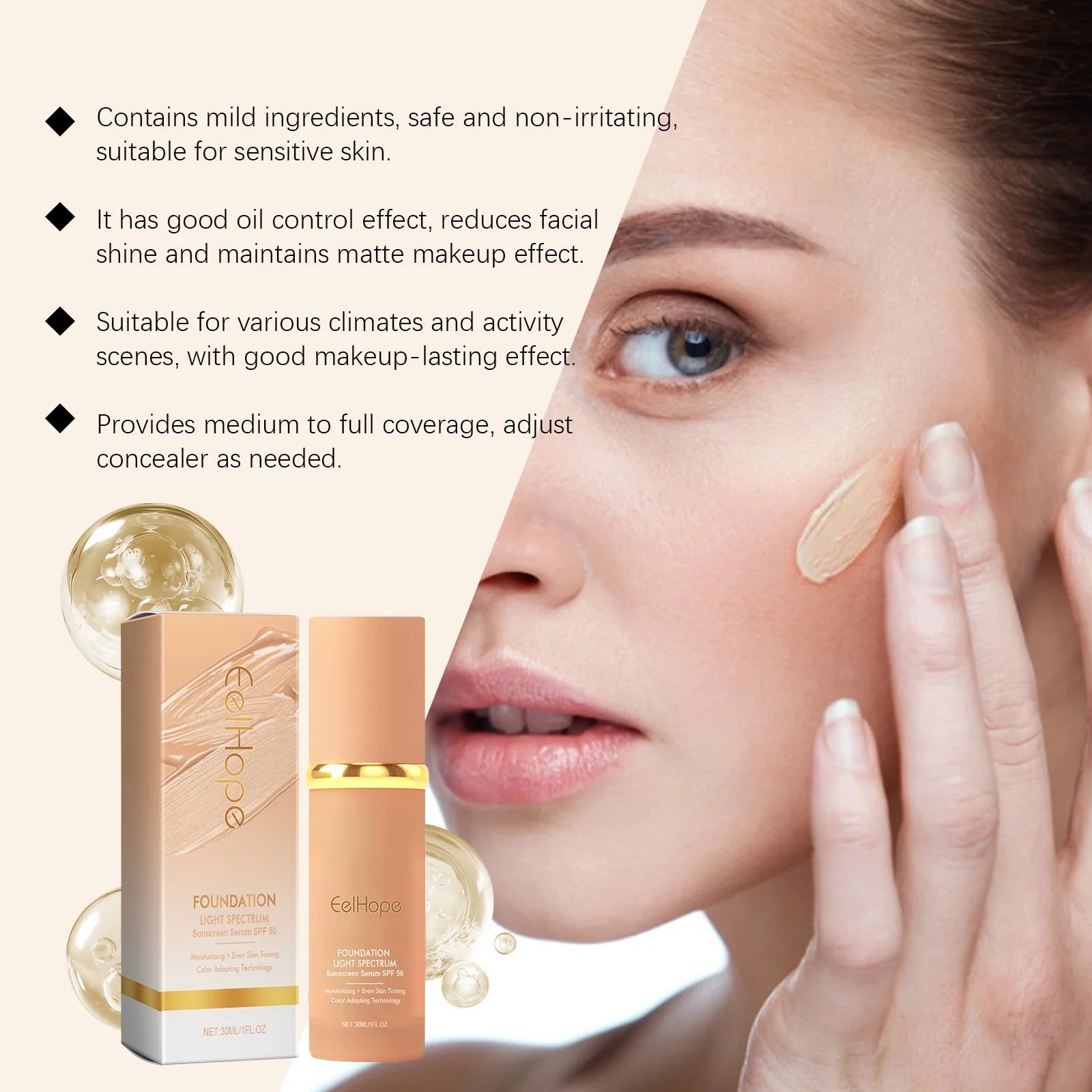 4-in-1 Liquid Foundation Spf 50+ Magic Color Changing Matte Long-Lasting Waterproof Sweating Moisturizing Coverage Makeup Base Halalzen