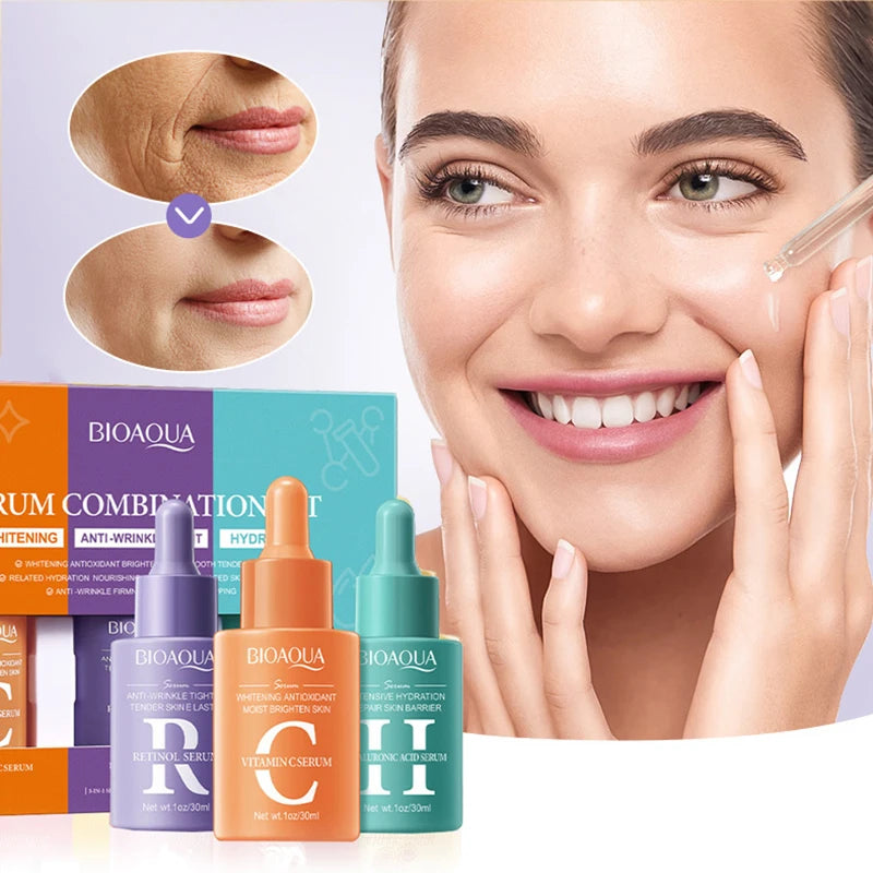 3pcs/set BIOAQUA Vitamin C Retinol Hyaluronic Acid Serum Moisturizing Whitening Anti Wrinkle Facial Essence Skin Care Sets Halalzen