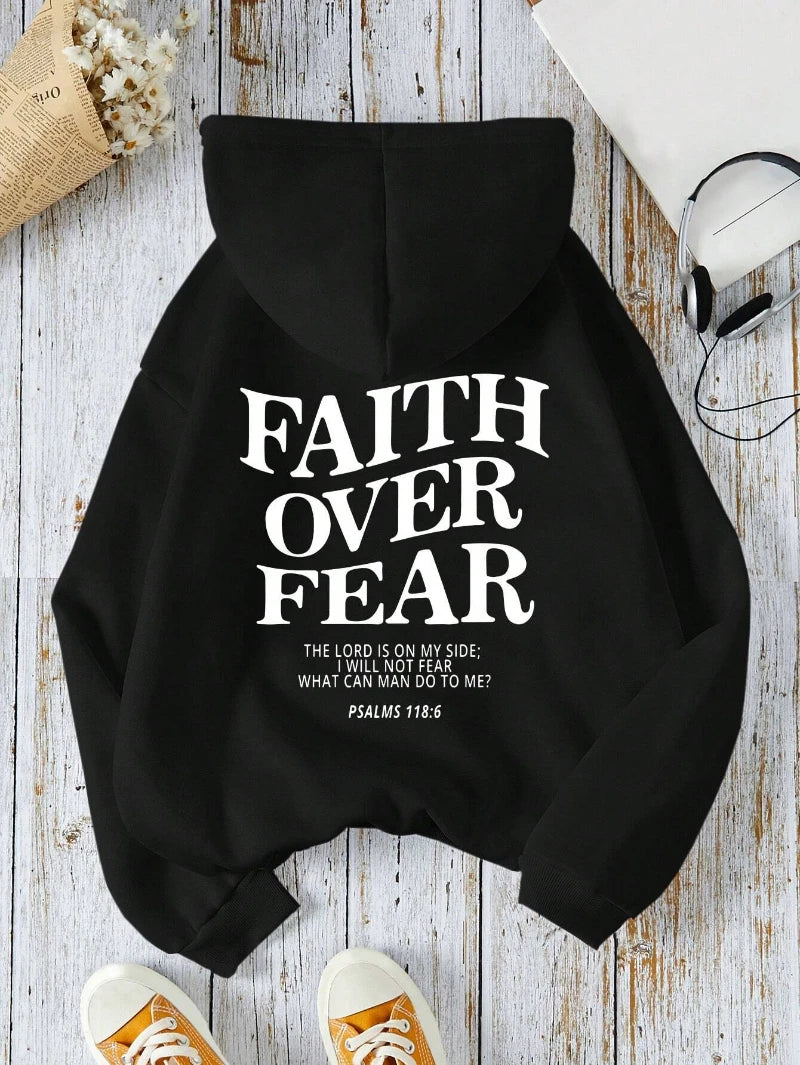Casual Women's Hoodies Faith Over Fear Letter Printing Sweatshirts Fleece Warm Comfortable Pocket Pullovers Autumn Streetwear
