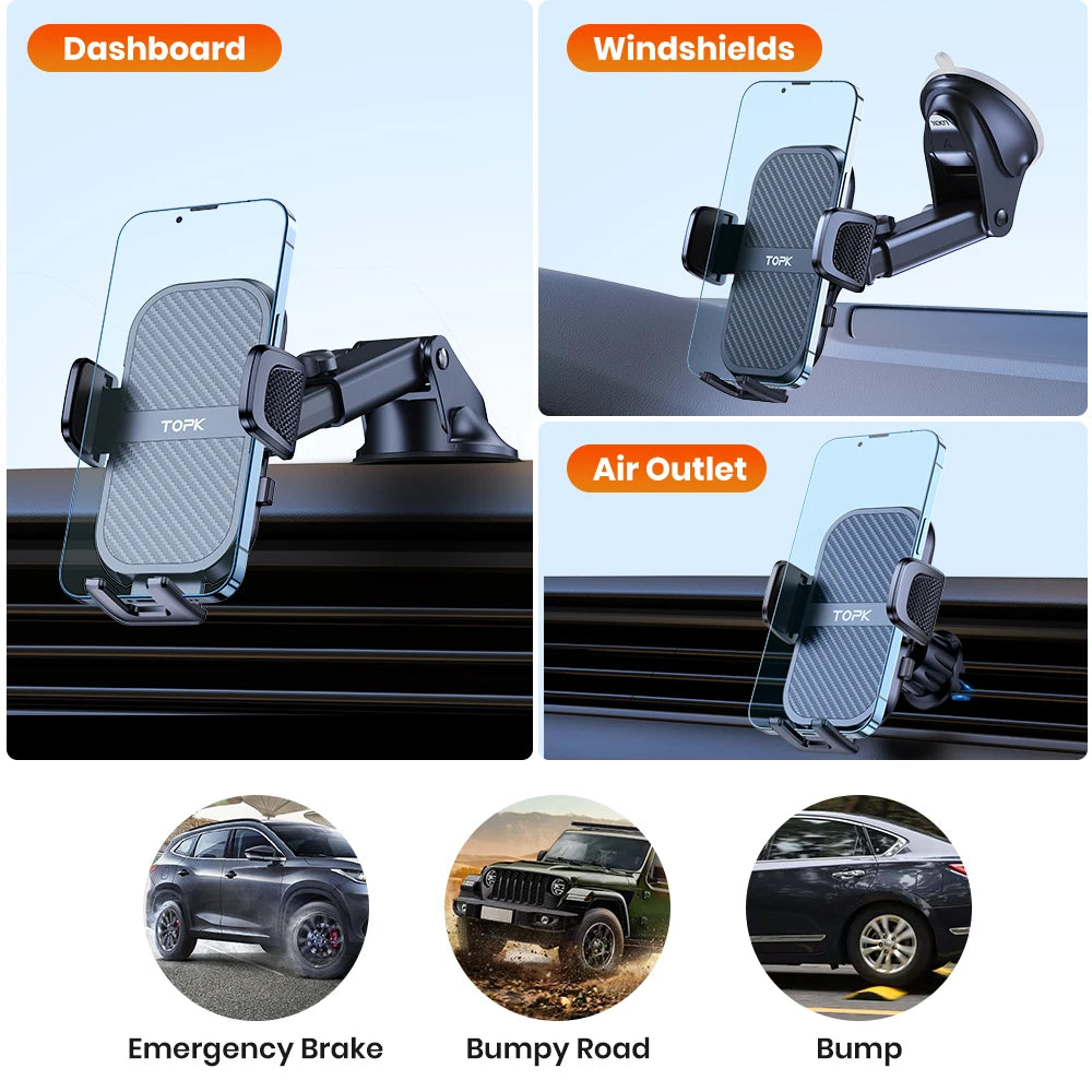 TOPK Car Phone Holder Mount 2-IN-1 Handsfree Stand Phone Holder for Dashboard & Air Vent Compatible with iPhone Samsung Android