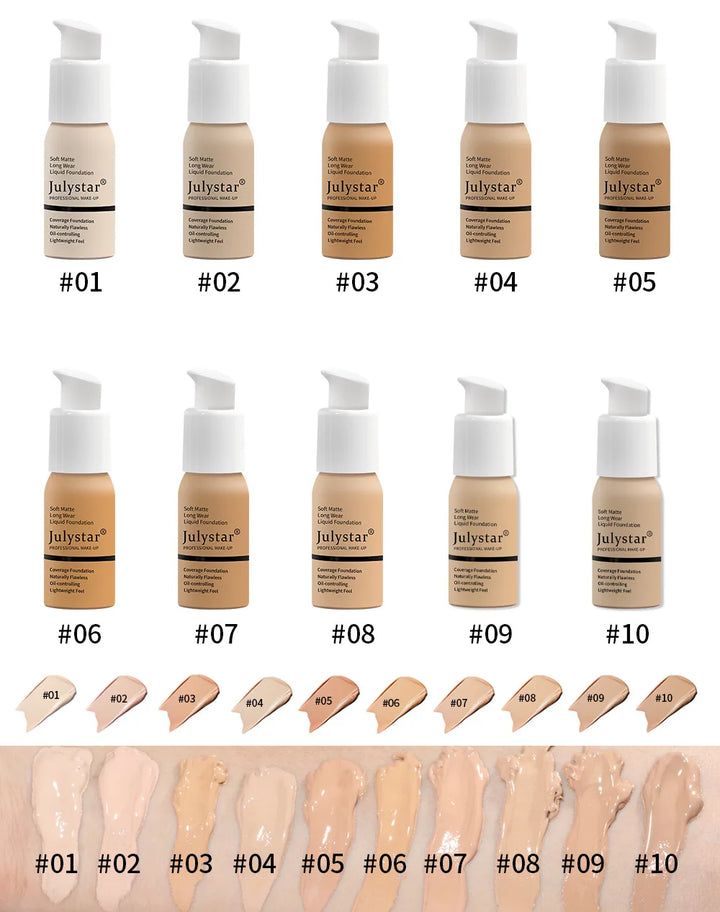 10 Colors Matte Liquid Foundation, Waterproof Long‑lasting Lightweight Oil Control Concealer Facial Base Makeup