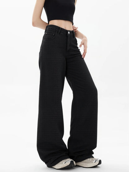 Women's Loose-Fit Black Slimming Washed Denim Pants – Stylish Straight-Leg Wide-Baggy Jeans for Girls