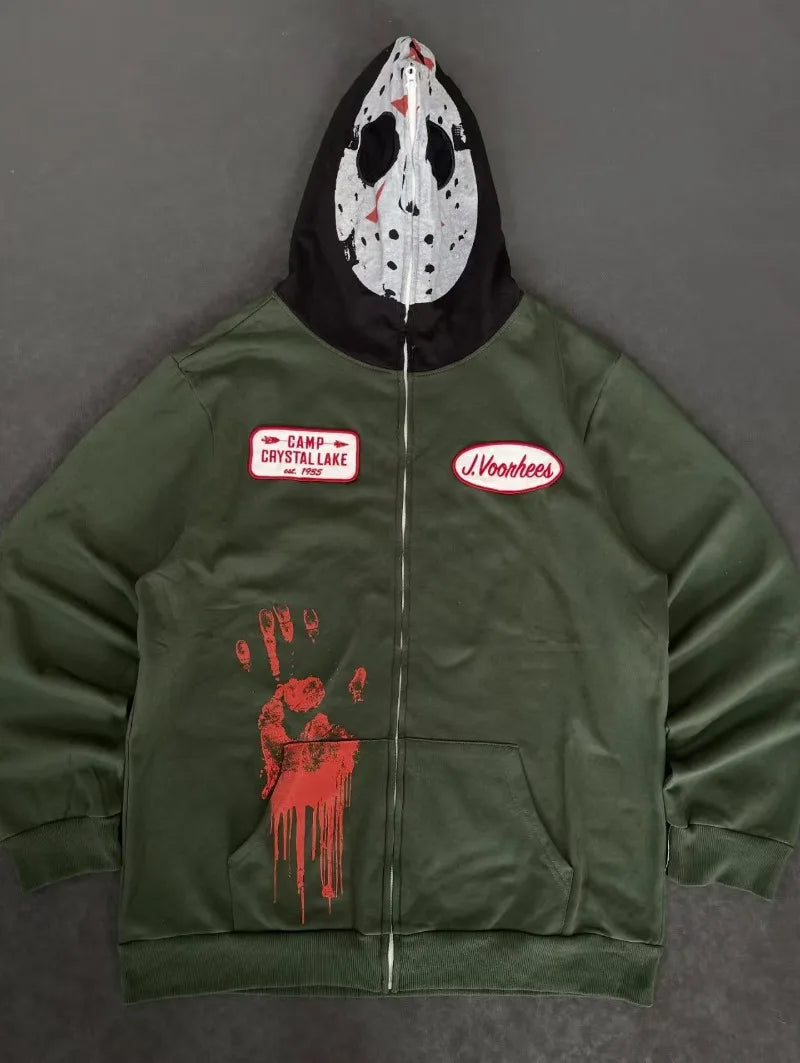 American Goth Harajuku full zipper mask pattern men hoodie Y2K high street palm dark green clothing fashion casual sportswear