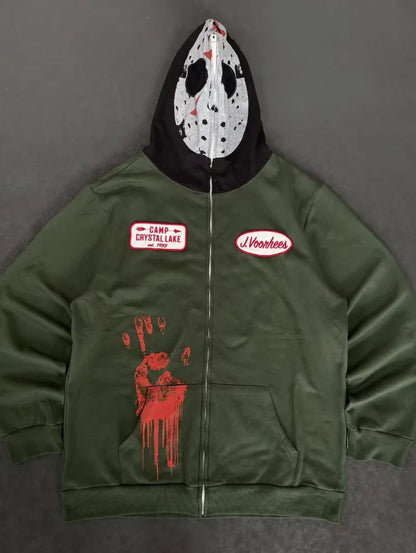 American Goth Harajuku full zipper mask pattern men hoodie Y2K high street palm dark green clothing fashion casual sportswear