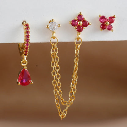 3PCS Set Stainless Steel Crystal CZ Butterfly Ear Stud Earring Gold Plated Pendant Water Drop Cartilage Earring Piercing Jewelry