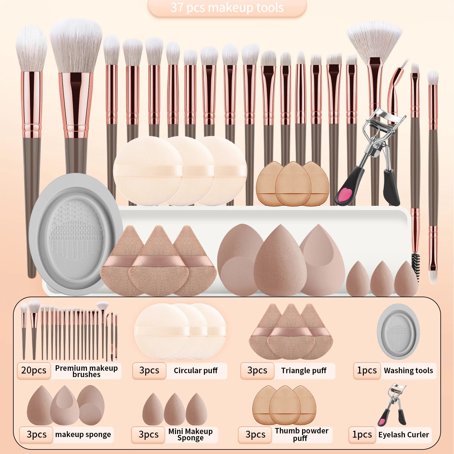 37PCS Makeup Tools Set, 20 Brushes + Sponges Puffs, Eyelash Curler, Cleaning Tool for Full Face