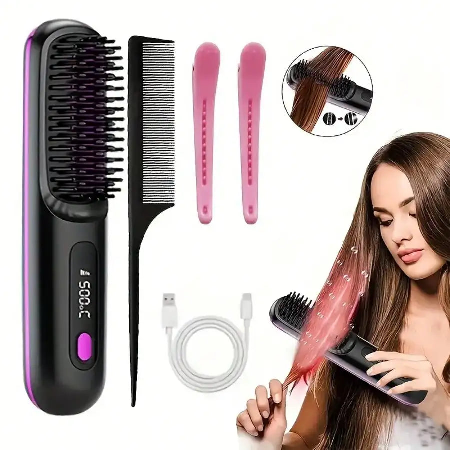 Portable Wireless Hair Straightener Comb, USB Rechargeable Straightening Brush with 3 Speed Temperature Control, Negative Ion Technology, LED Display, Lightweight Travel Hair Straightener with Comb and Clip Included
