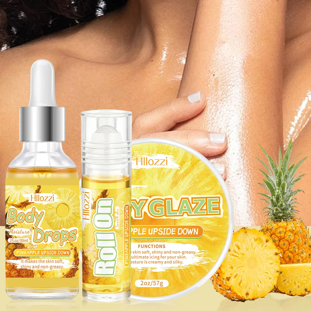 The pineapple body oil and glaze set includes a free rollerball applicator for long-lasting hydration, moisturizing,