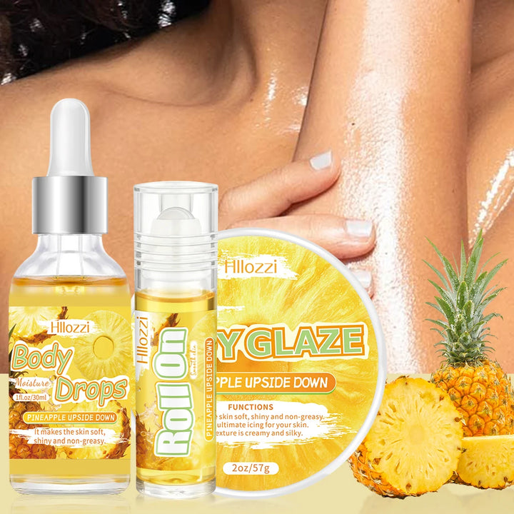 The pineapple body oil and glaze set includes a free rollerball applicator for long-lasting hydration, moisturizing,