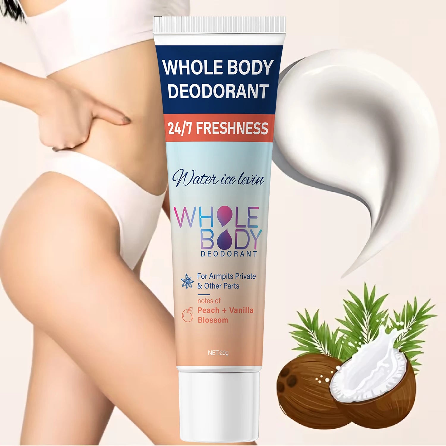 24/7 Freshness Whole Body Deodorant for Armpits & Private Parts with Hyaluronic Acid & Peach Vanilla Scent.