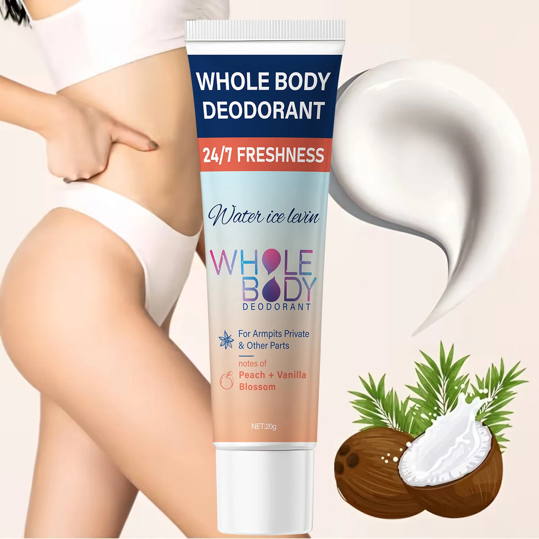 24/7 Freshness Whole Body Deodorant for Armpits & Private Parts with Hyaluronic Acid & Peach Vanilla Scent.