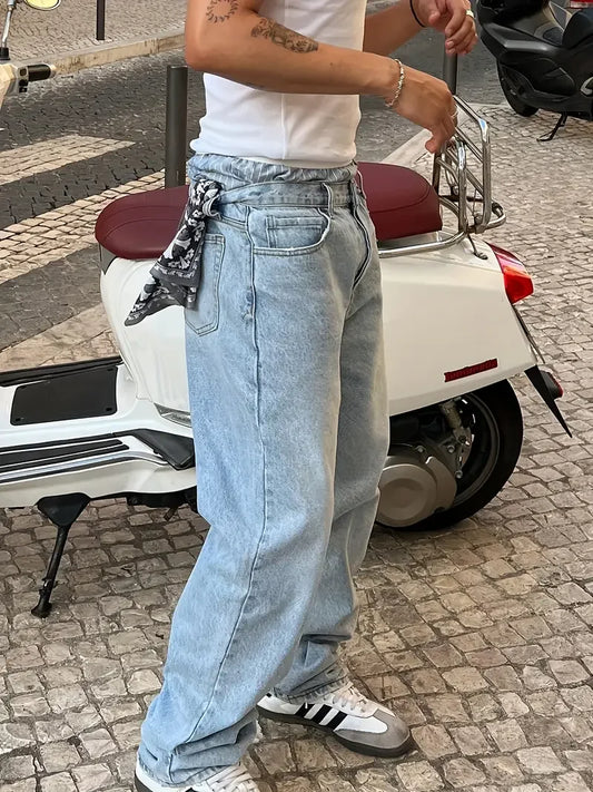 Men'S Vintage Washed Blue Loose Fit Jeans - Casual Straight Leg Denim Pants with Zipper Fly, All-Season Comfort, Mid Waist, Casu