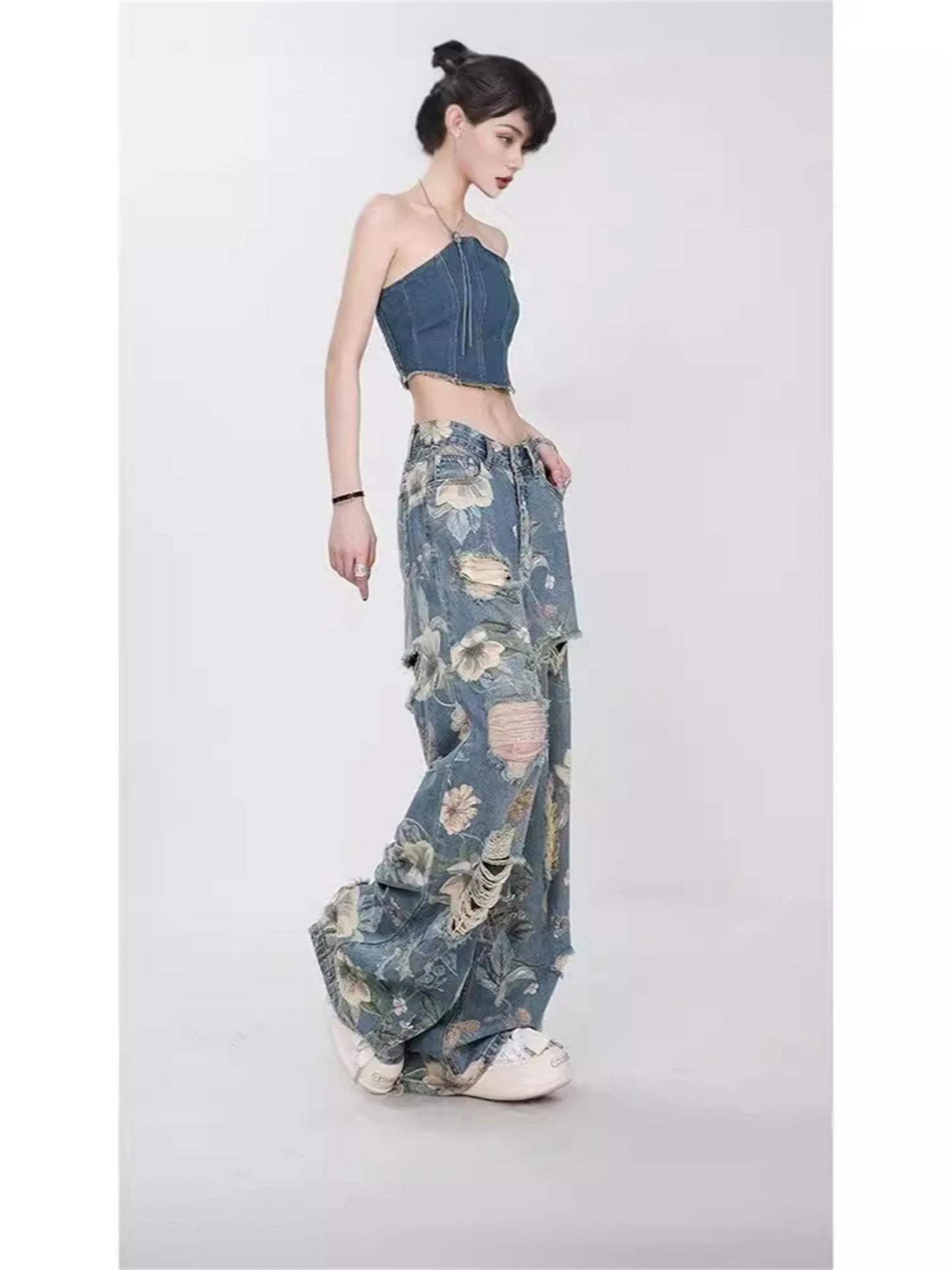 Y2K Women's Vintage Floral Print Distressed Wide Leg Jeans With Buckle Belt Streetwear Casual Denim Pants