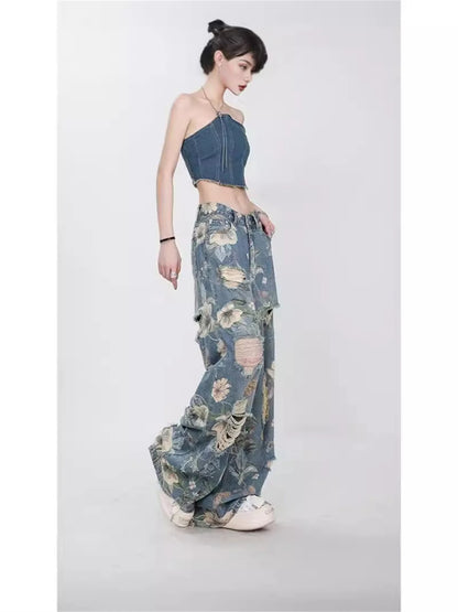 Y2K Women's Vintage Floral Print Distressed Wide Leg Jeans With Buckle Belt Streetwear Casual Denim Pants