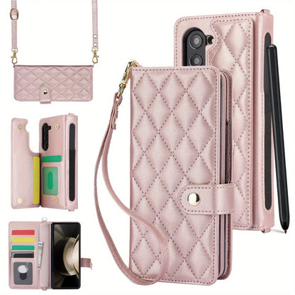 PU Leather Flip Wallet Case For Samsung Galaxy Z Fold 6 5 4 3 5G With Holder Crossbody Wrist Strap Card Slot Stand Phone Cover