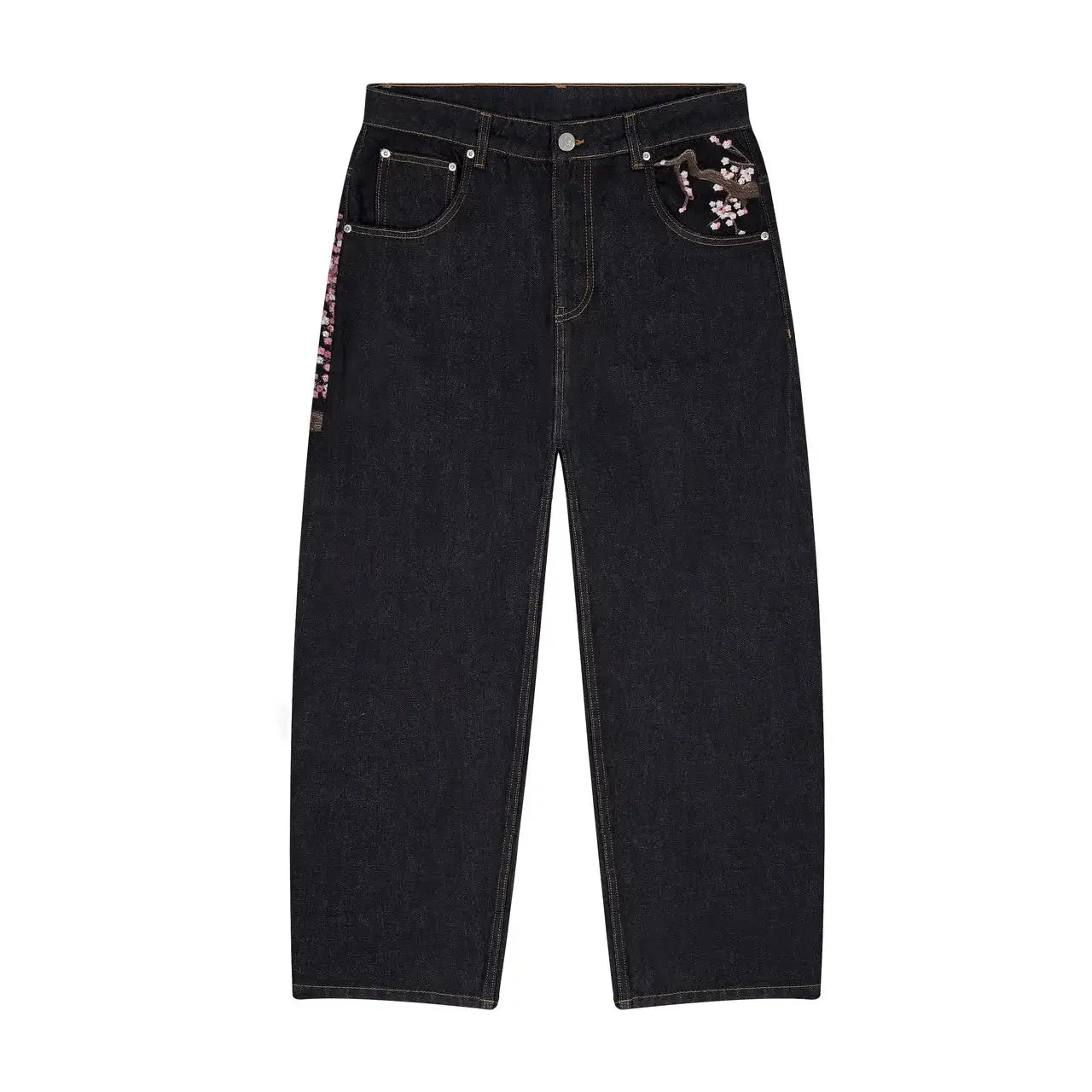 Derschutze Patchwork Cherry Blossom Embroidery Denim Pants Y2k Vintage Women Baggy Straight Wide Leg Jeans Street Men Clothes