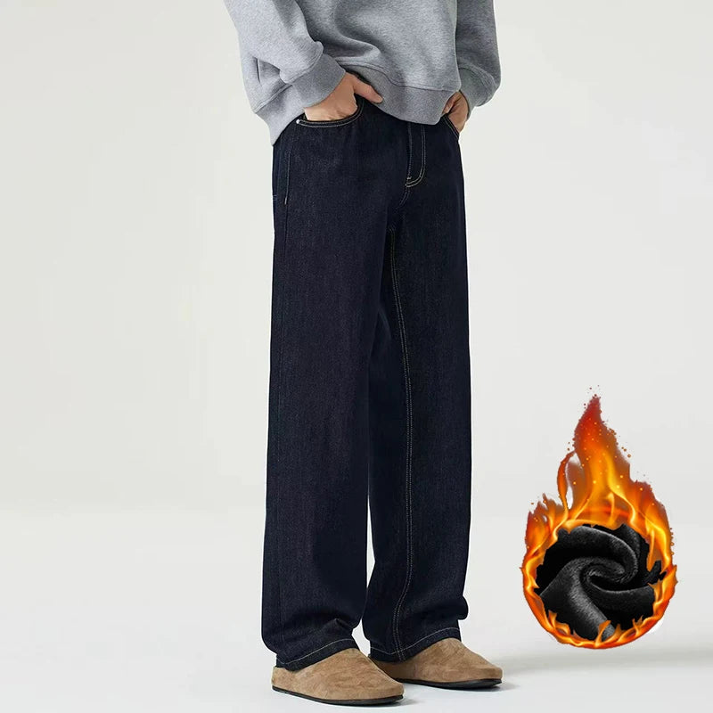 Men Fashion Baggy American Style Straight Winter Thermal Jeans Male New Thickened Windproof Full Length Wide Leg Long Trousers HALALZEN