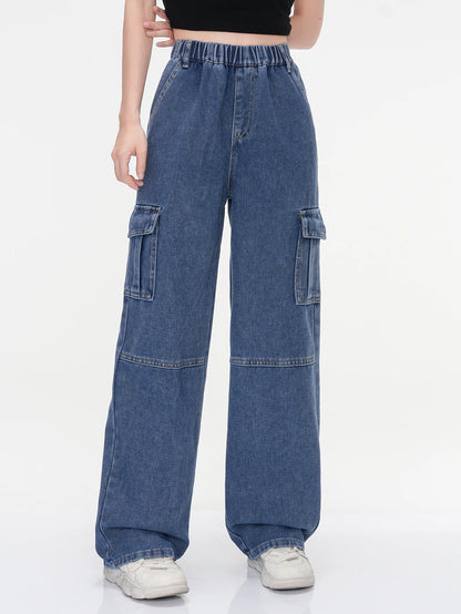 Women's Vintage Washed Cargo Jeans - High Waist Straight Wide Leg Denim Pants for Girls, Casual Stretch Slimming College Style R