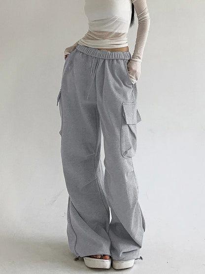 Women s Baggy Cargo Pants High Waist Solid Color Parachute Pants Ruched Sweatpants with Flap Pockets