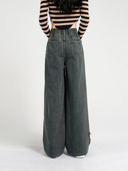 Girls' Fashion Star Wash Jeans - Retro Loose Straight Leg Denim Pants, Versatile & Casual