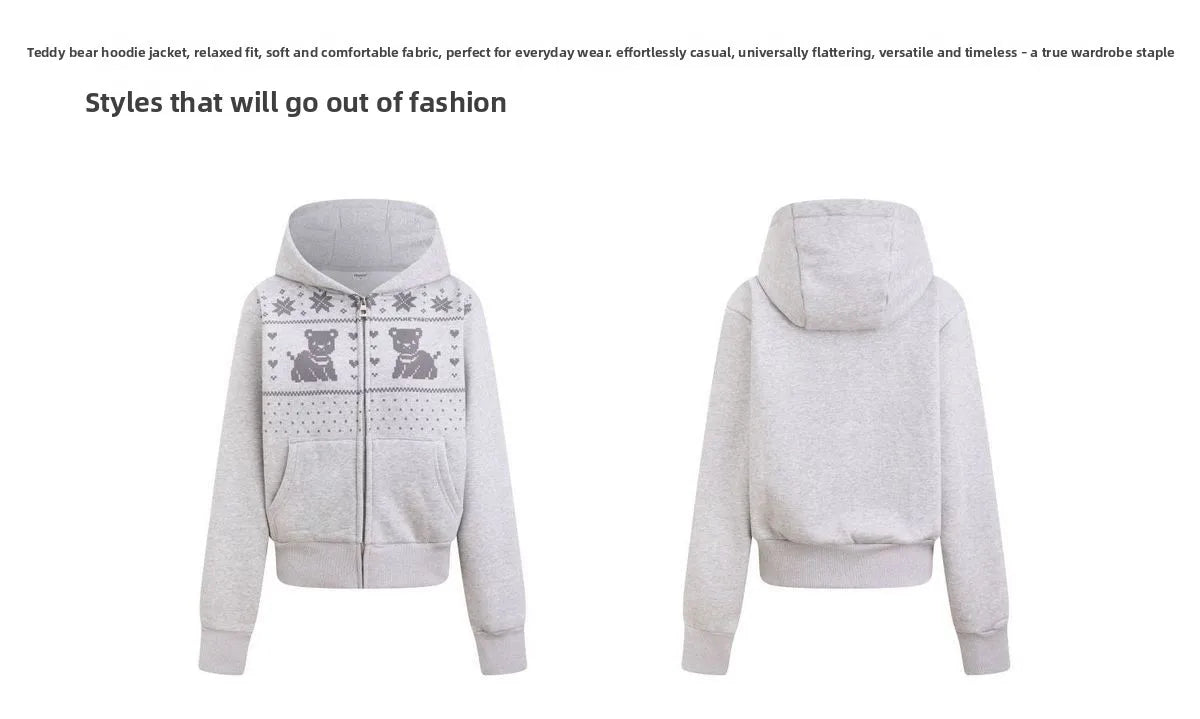 Korean Cute Bear Hoodie Women - Foam Print Hooded Sweatshirt, Y2K Oversized Open Front Jacket, Ins Fashion Winter Coat, Casual L