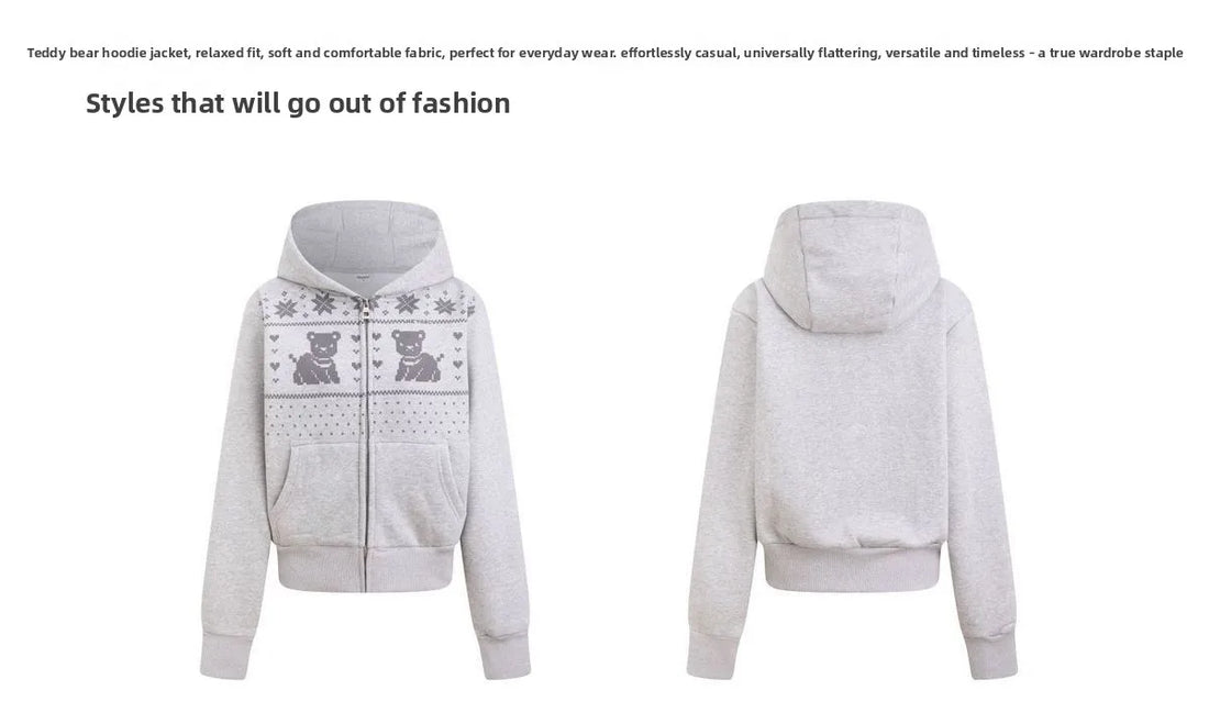 Korean Cute Bear Hoodie Women - Foam Print Hooded Sweatshirt, Y2K Oversized Open Front Jacket, Ins Fashion Winter Coat, Casual L