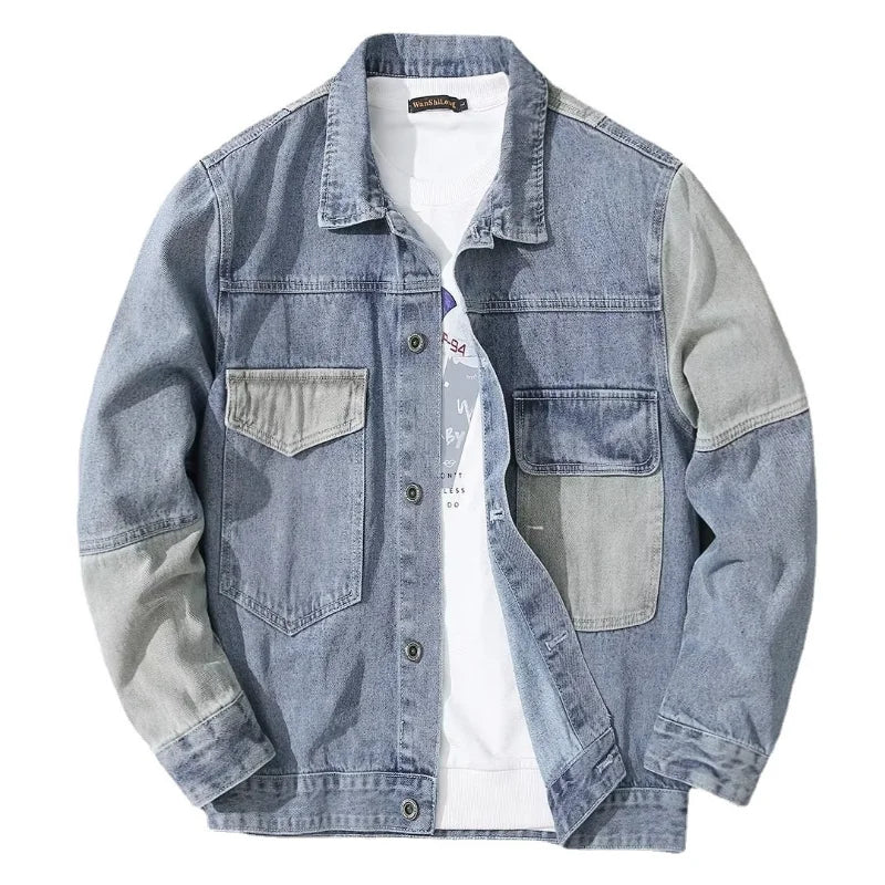 Koreansk stil denim lapning yderbeklædning herrejakke med krave afslappet minimalistisk mode trendy forårs- og efterårsjakke ny stil