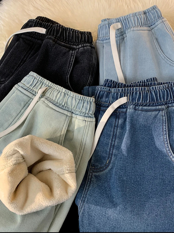 Winter-Herrenjeans im koreanischen Stil mit Fleecefutter, dick und warm, gerade geschnitten, aus gewaschener Baumwolle, Retro-Blau, weite Jeanshose