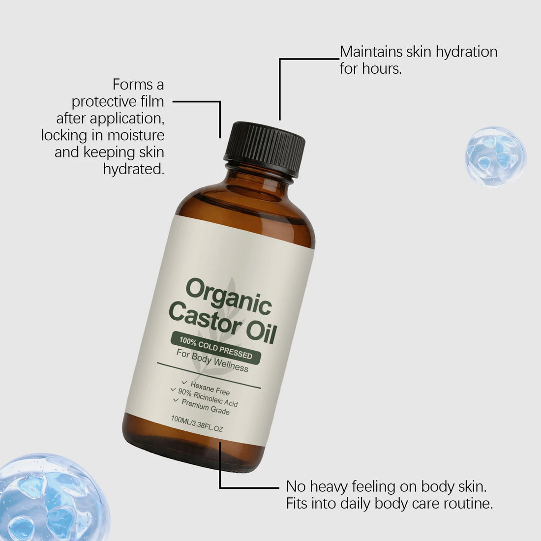 Organic Castor Oil Cold Pressed Hexane Free Ricinoleic Acid Hydrating Body Oil Moisturizing Dry Skin Sensitive Skin Care