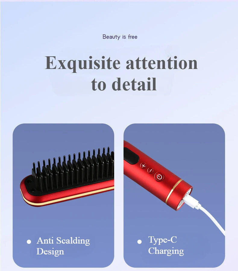 Wireless Hair Styler Negative Ion Hair Straightener Comb & Curling Comb Damage-Free Voluminous LED Screen Rechargeable Hot Comb Halalzen