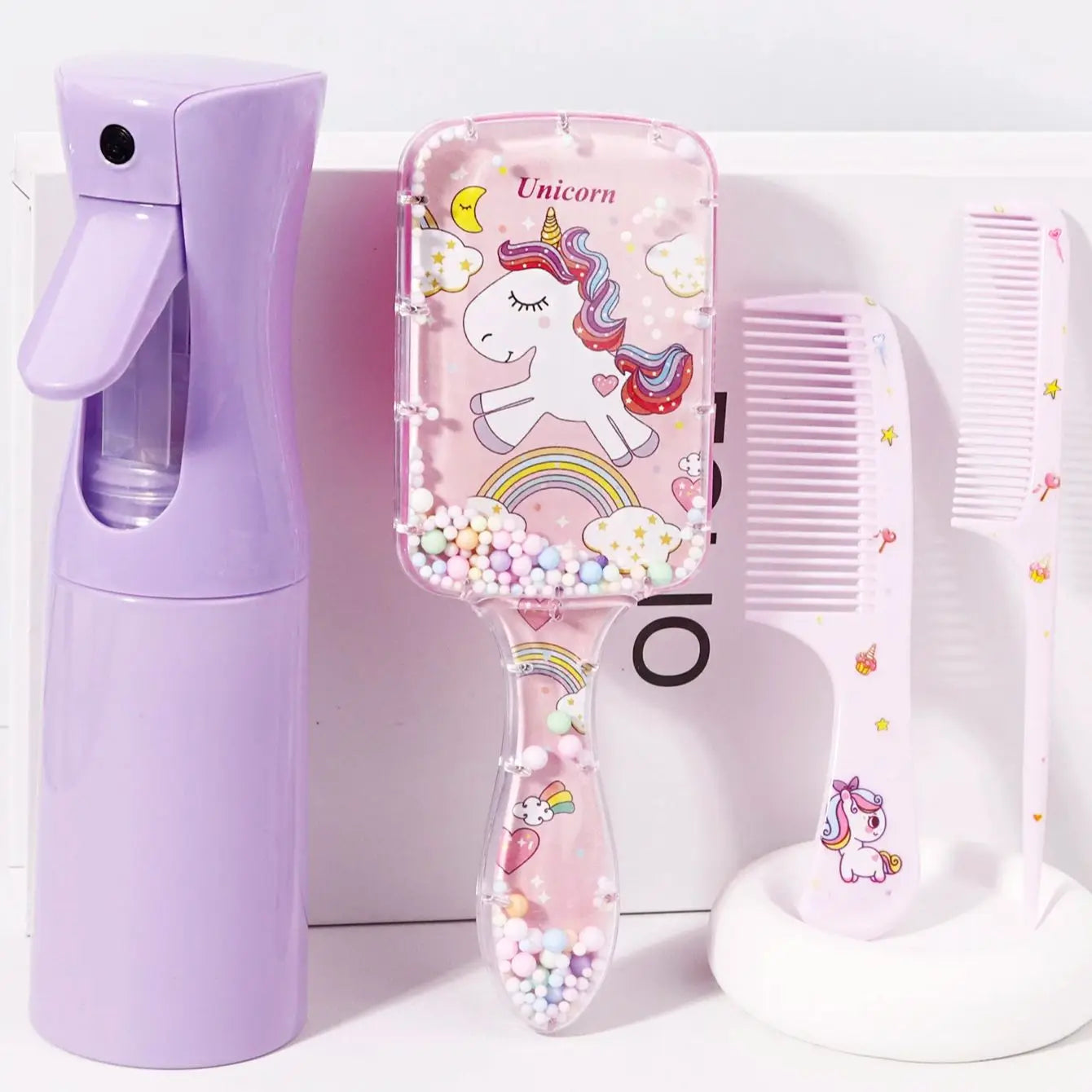 4pcs hair styling set, 200ml spray bottle, cute cartoon pattern square hair brush and 2 combs, Special for real hair wigs Halalzen